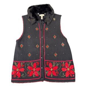 Women's Medium Kim Rogers Black w/Poinsettias Holiday VEST Faux Fur‎ Collar